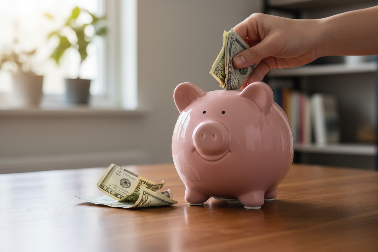 Piggy bank with cash being deposited.