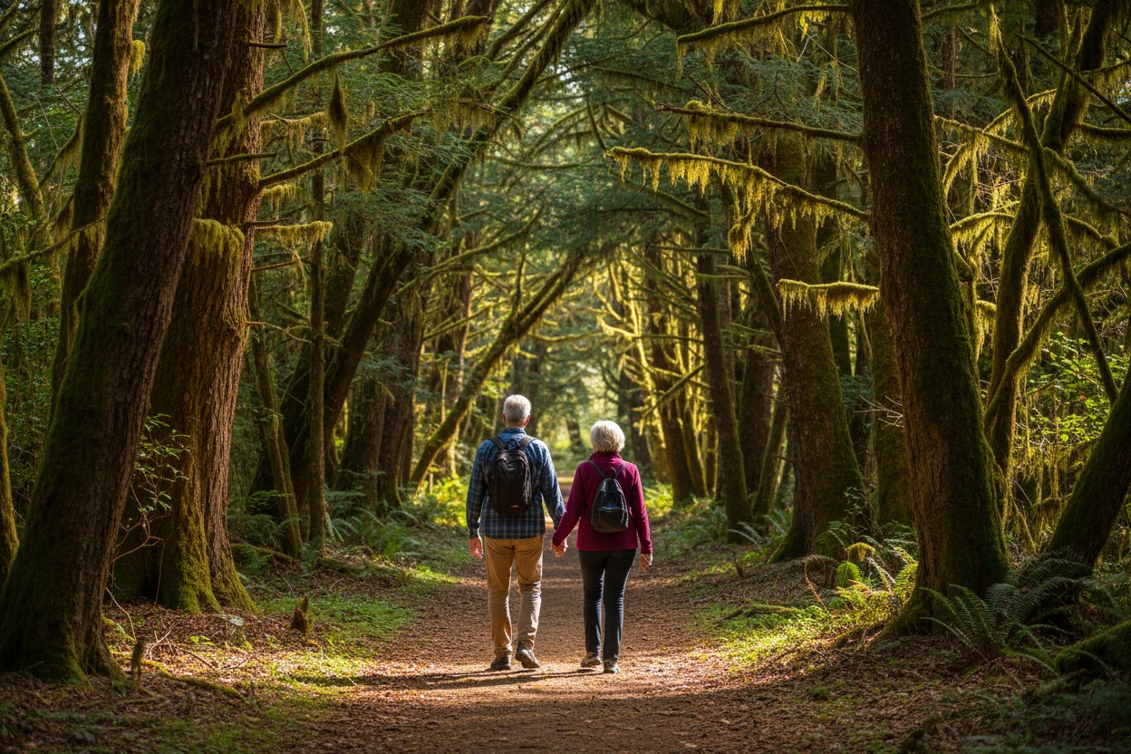 Retired couple enjoying a walk in the woods
